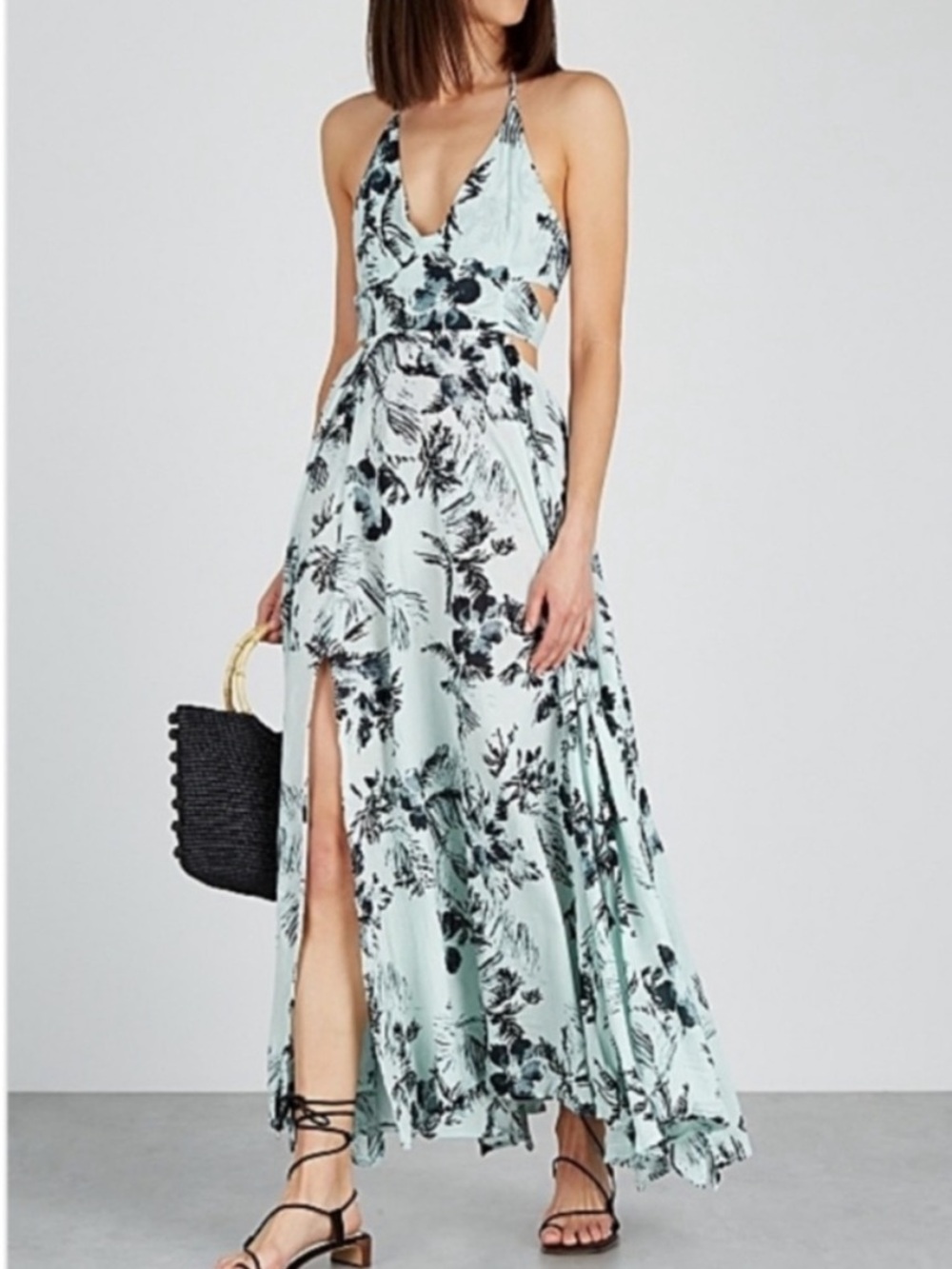 Free People Lillie Light Blue Floral Cutout Halter Maxi Dress